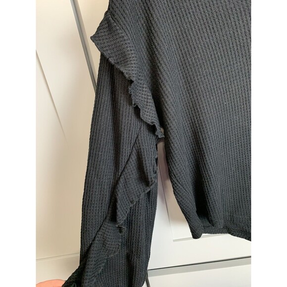 Pilcro Womens Sweater Large Black Ruffle Arms Waffle Knit Bohemian V Neck Boho - Picture 5 of 10